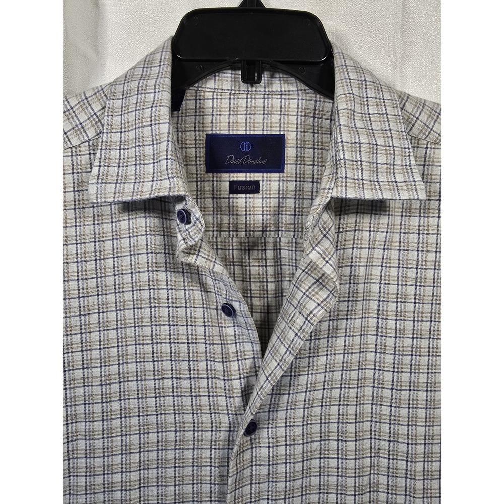 David Donahue Shirt Mens Size 16 M/L Fusion Performance Brown Plaid Long Sleeve‎